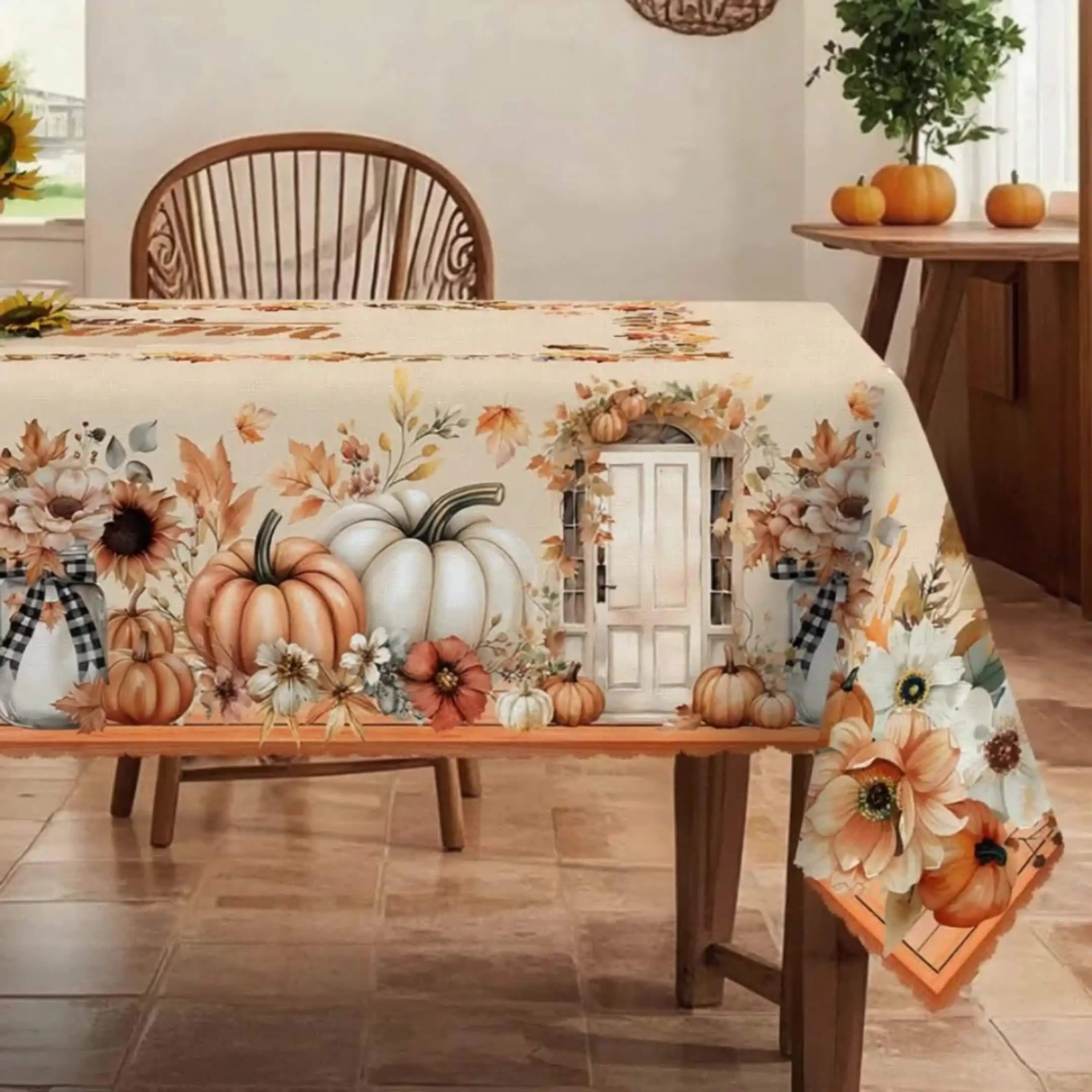 Fall Watercolor Pumpkins Floral Tablecloth