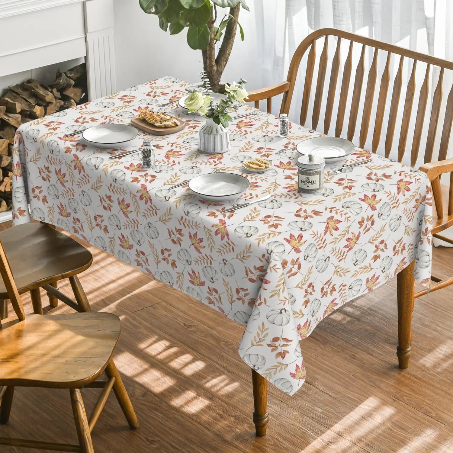 Fall Blue Pumpkins Leaves Waterproof Tablecloth