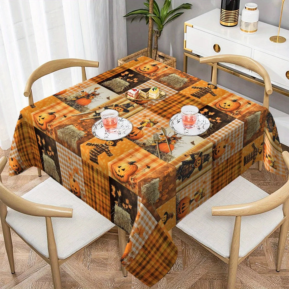 Fall Thanksgiving Pumpkins Scarecrow Patchwork Waterproof Tablecloth