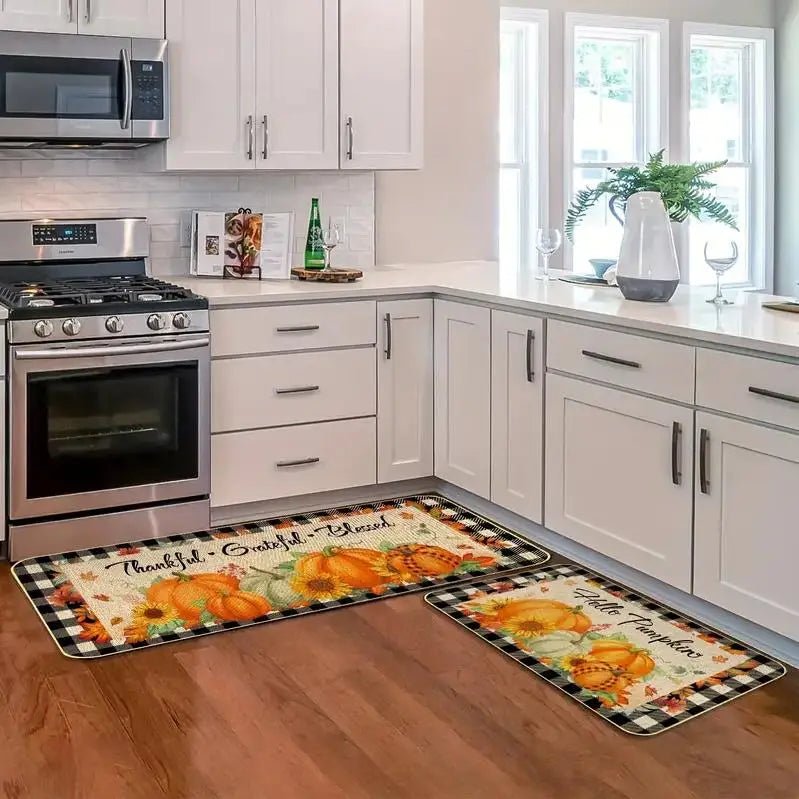 Autumn Pumpkin Maple Leaf Buffalo Plaid Kitchen Mats