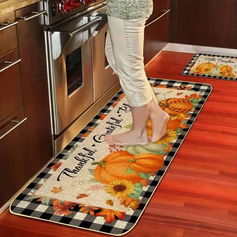 Autumn Pumpkin Maple Leaf Buffalo Plaid Kitchen Mats