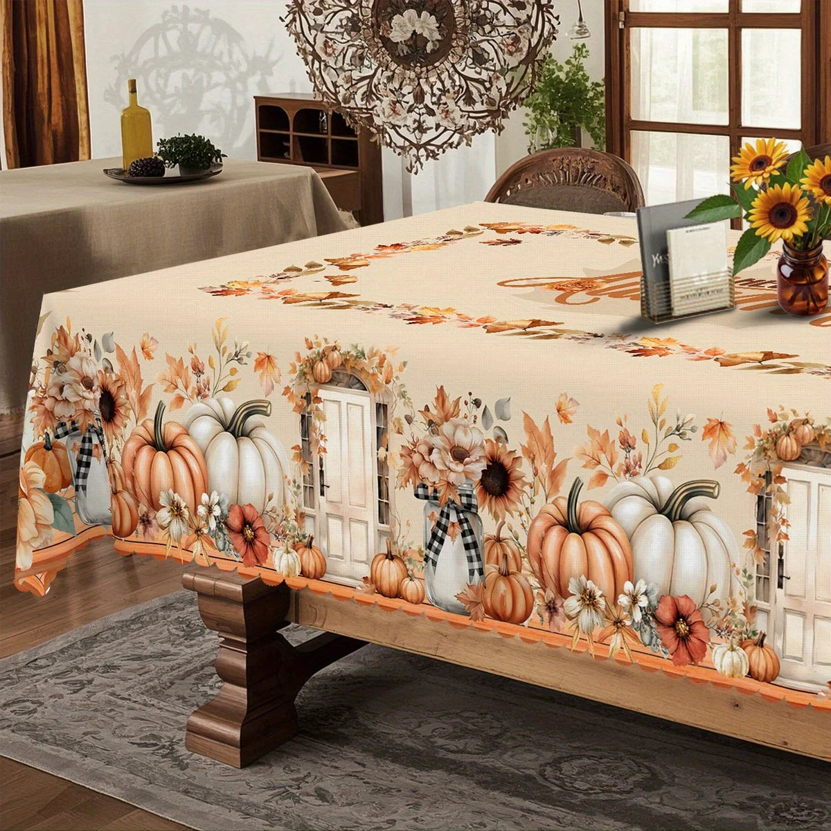 Fall Watercolor Pumpkins Floral Tablecloth
