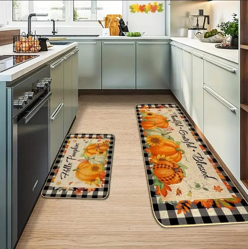 Autumn Pumpkin Maple Leaf Buffalo Plaid Kitchen Mats