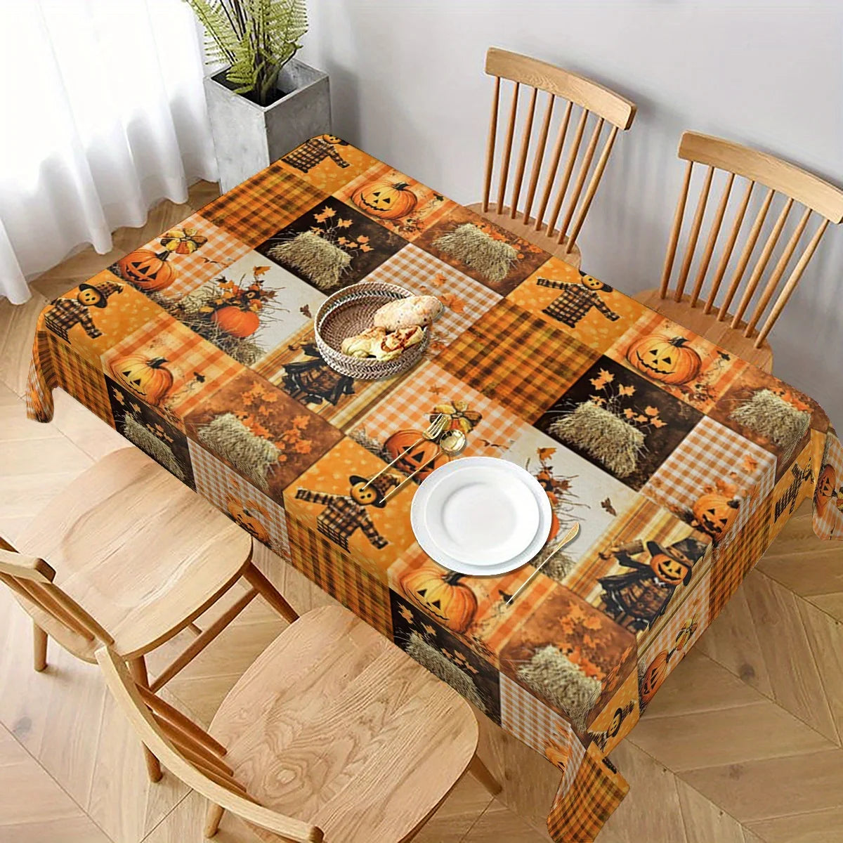 Fall Thanksgiving Pumpkins Scarecrow Patchwork Waterproof Tablecloth