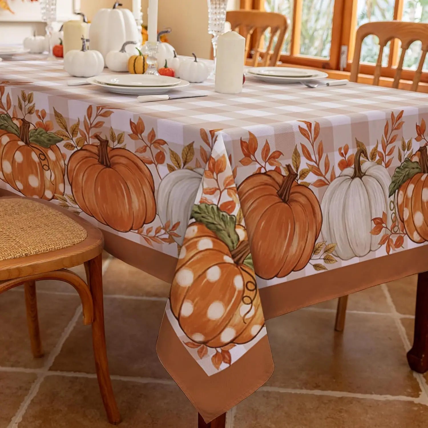Thanksgiving Autumn Harvest Pumpkin Buffalo Plaid Tablecloth