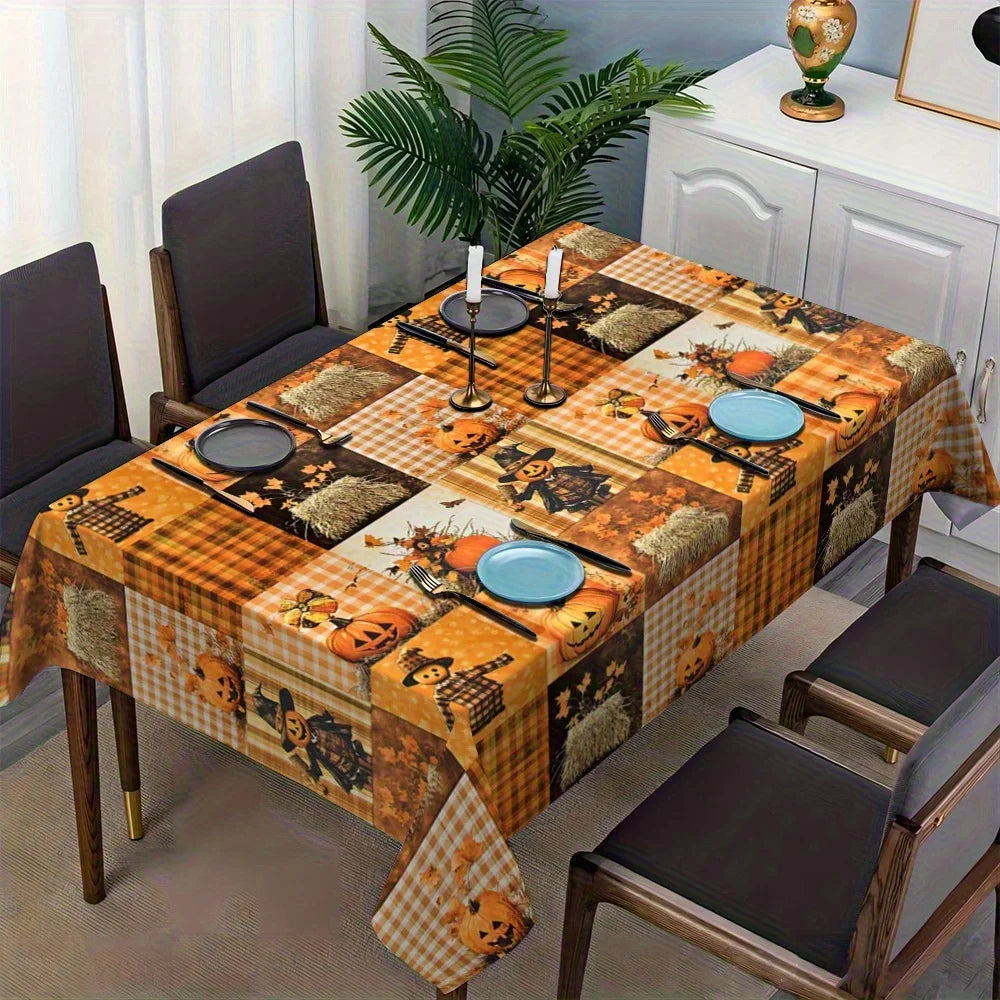 Fall Thanksgiving Pumpkins Scarecrow Patchwork Waterproof Tablecloth