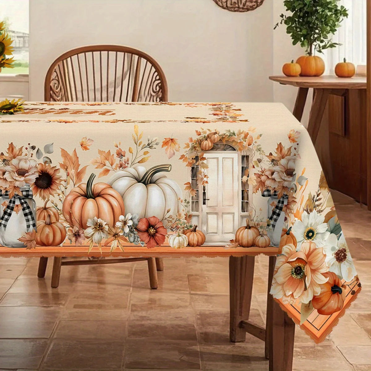 Fall Watercolor Pumpkins Floral Tablecloth