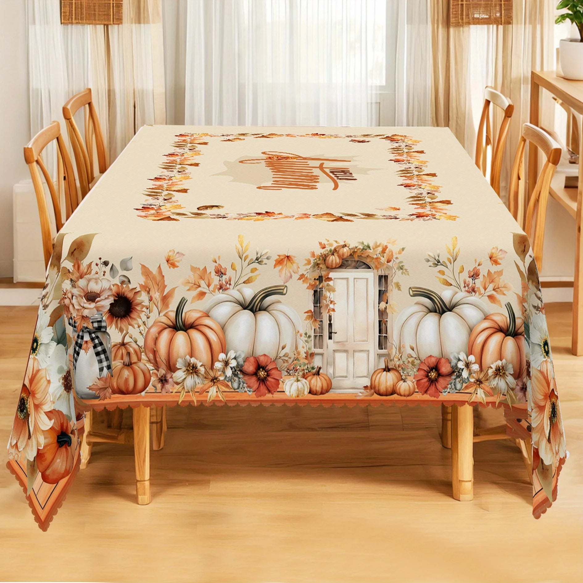 Fall Watercolor Pumpkins Floral Tablecloth