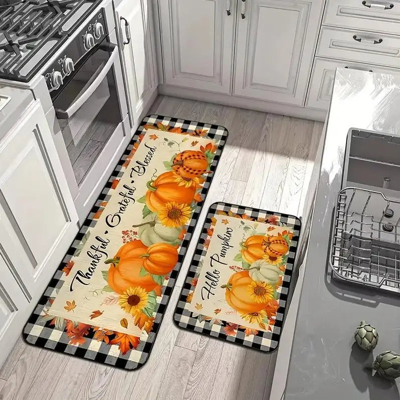 Autumn Pumpkin Maple Leaf Buffalo Plaid Kitchen Mats