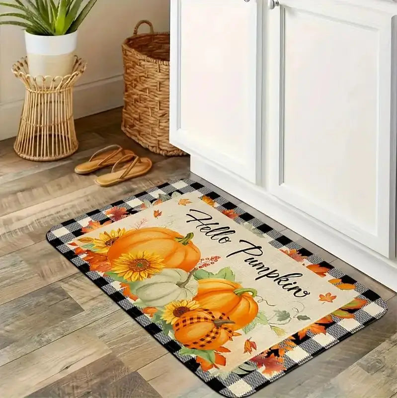 Autumn Pumpkin Maple Leaf Buffalo Plaid Kitchen Mats