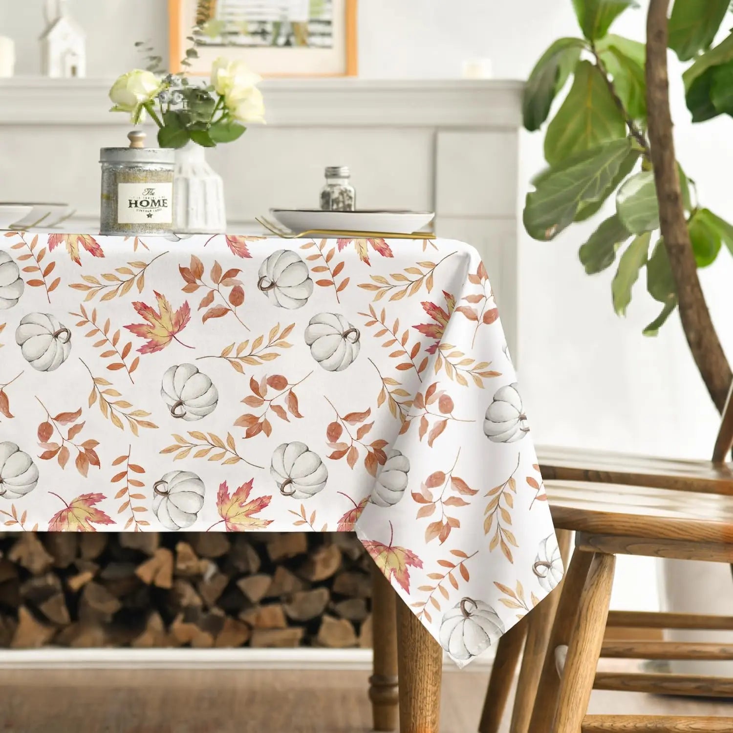 Fall Blue Pumpkins Leaves Waterproof Tablecloth