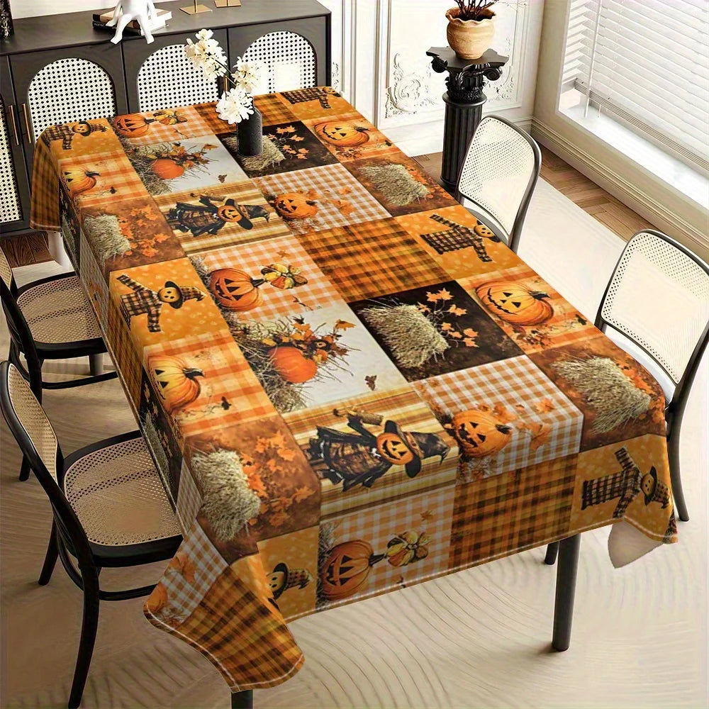 Fall Thanksgiving Pumpkins Scarecrow Patchwork Waterproof Tablecloth