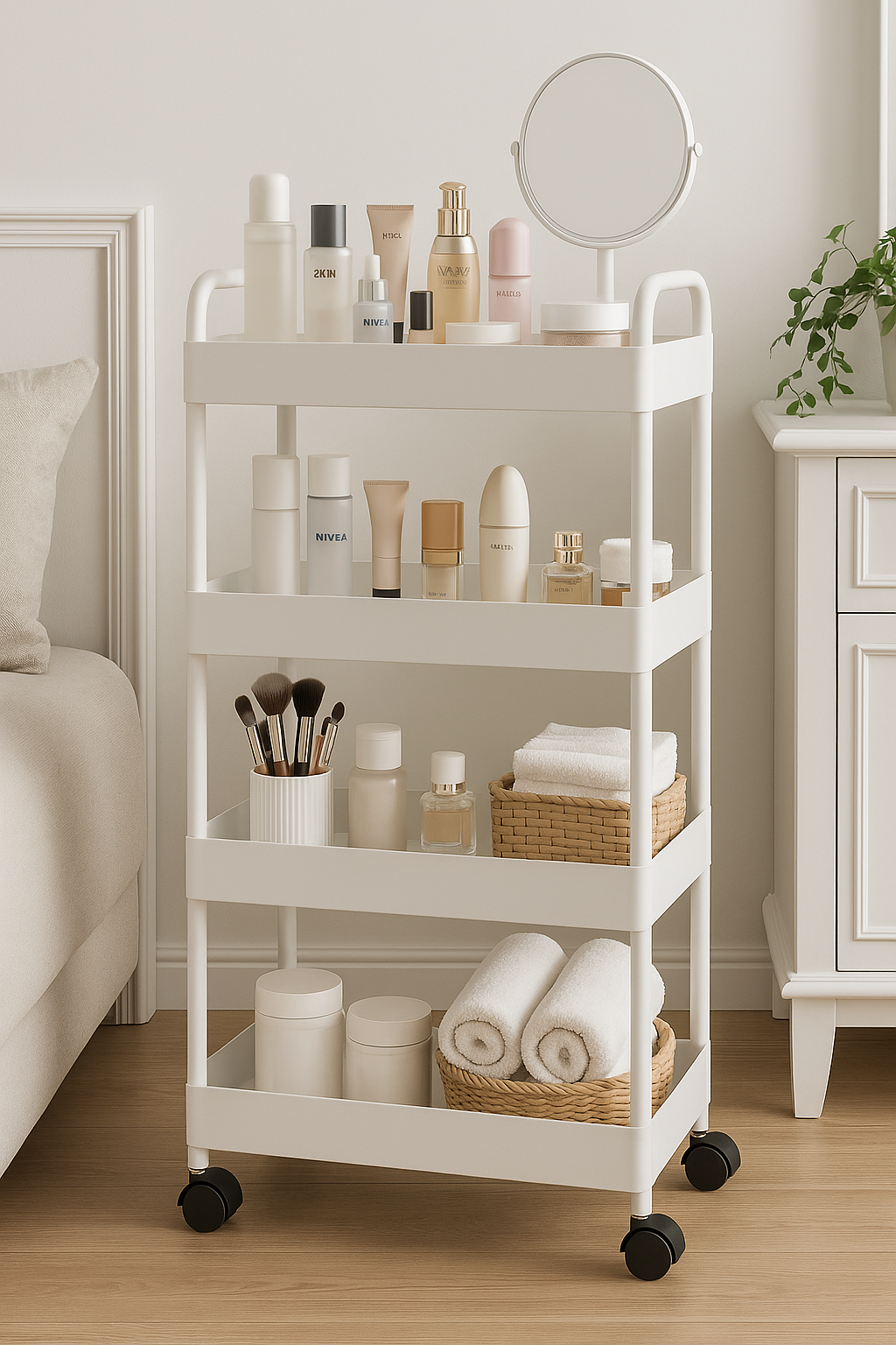 4-Tier Rolling Utility Cart – White Minimalist Organizer for Kitchen, Bathroom & Home