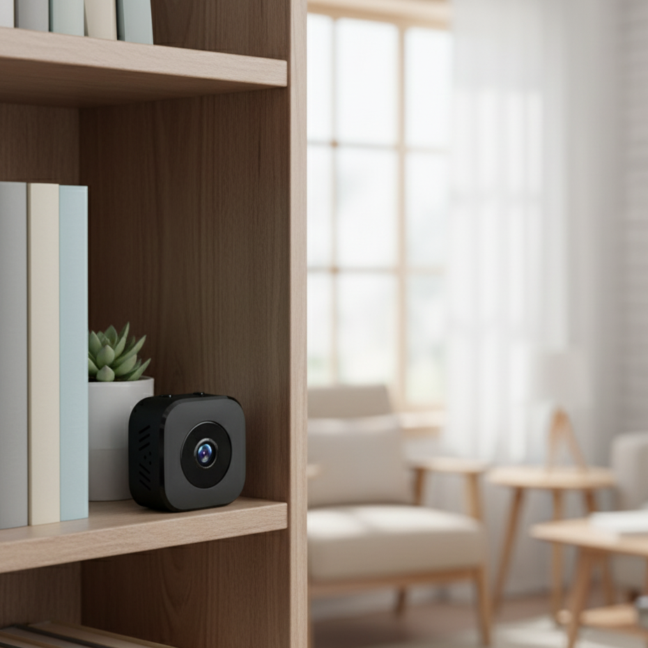 Smart home device on a wooden shelf in a living room setting