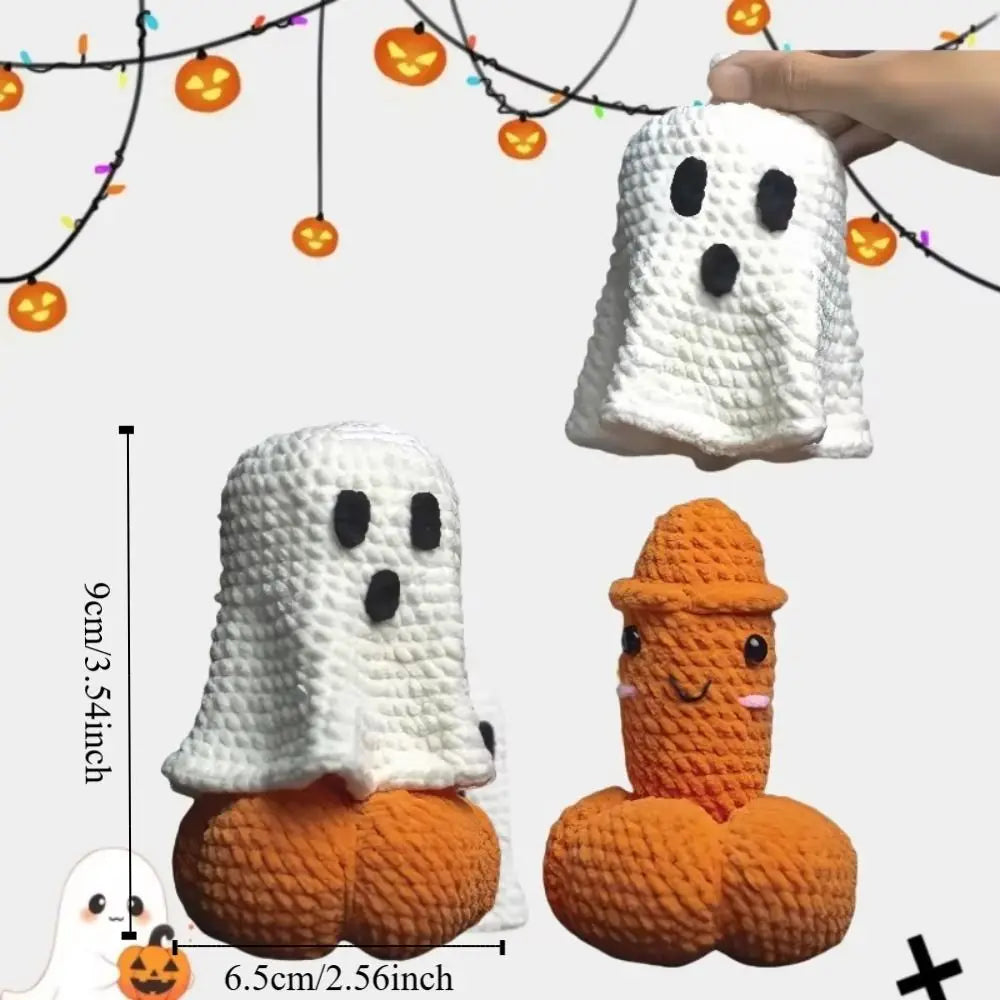 Hand Crocheted Halloween Pumpkin Ghost Figurine Gift