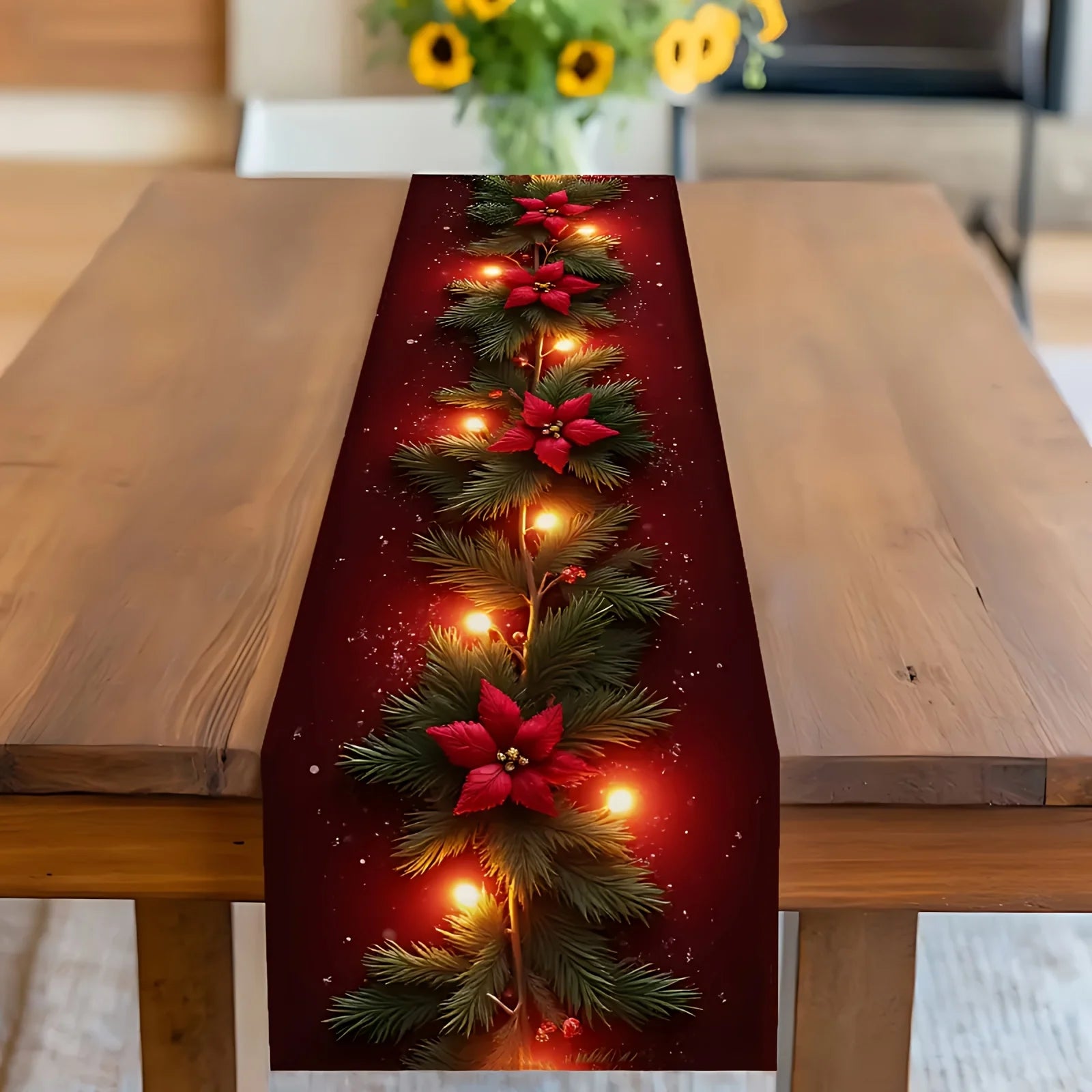 Luminous Christmas Flower Pine Branch Table Runner