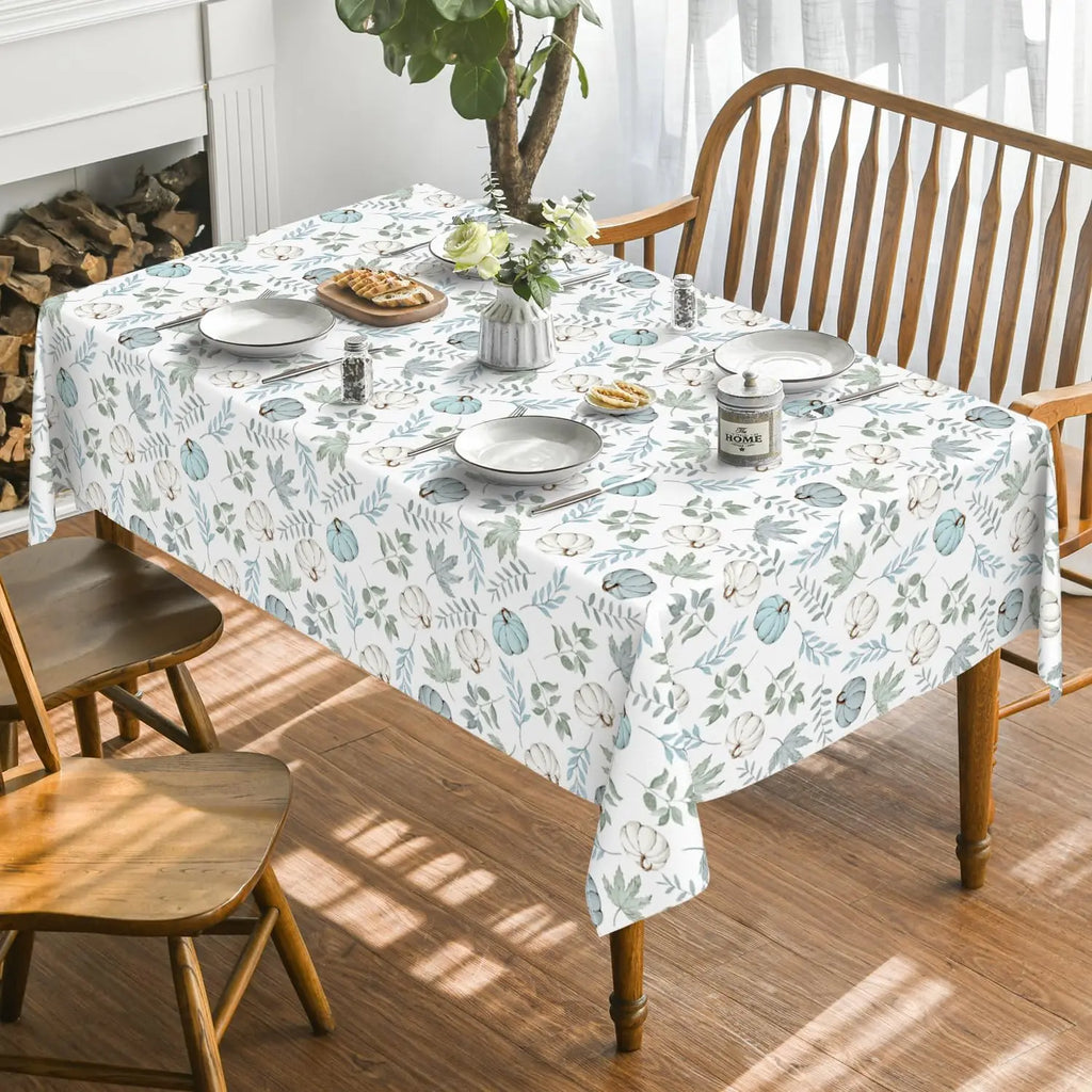Fall Blue Pumpkins Leaves Waterproof Tablecloth