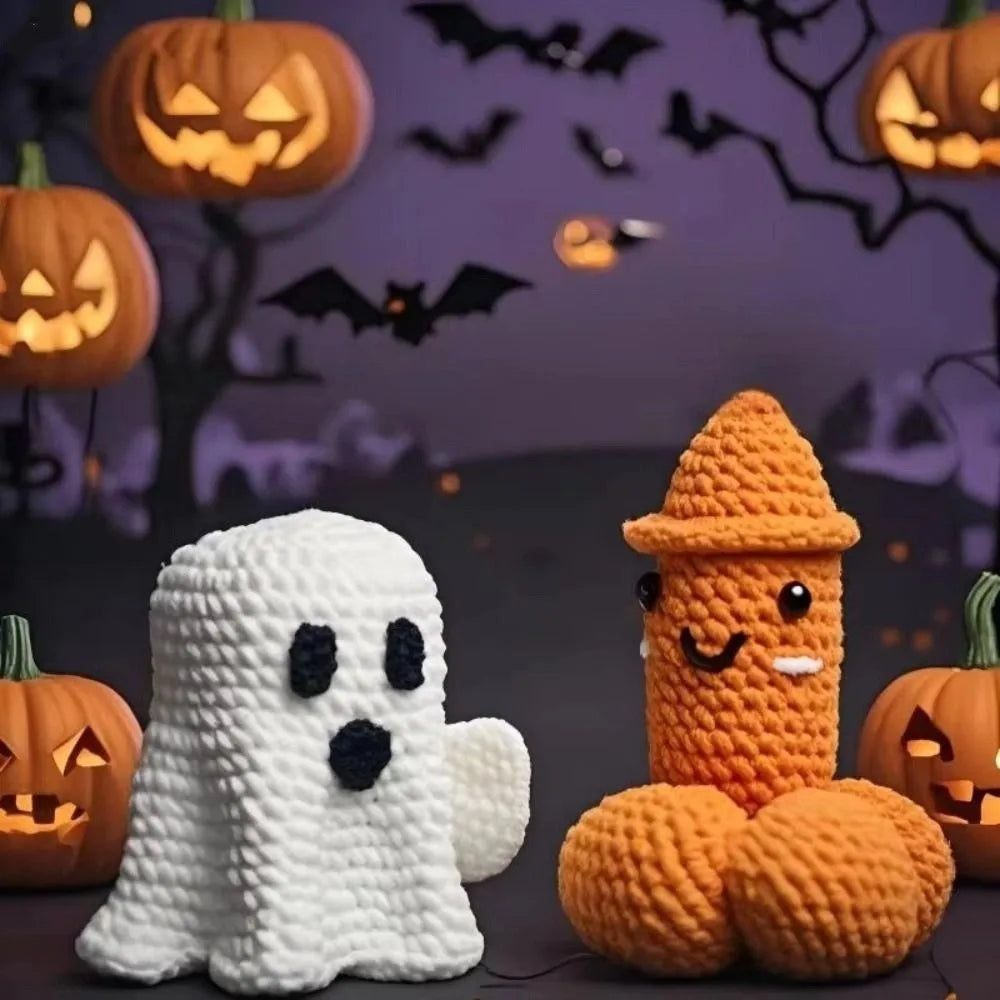 Hand Crocheted Halloween Pumpkin Ghost Figurine Gift