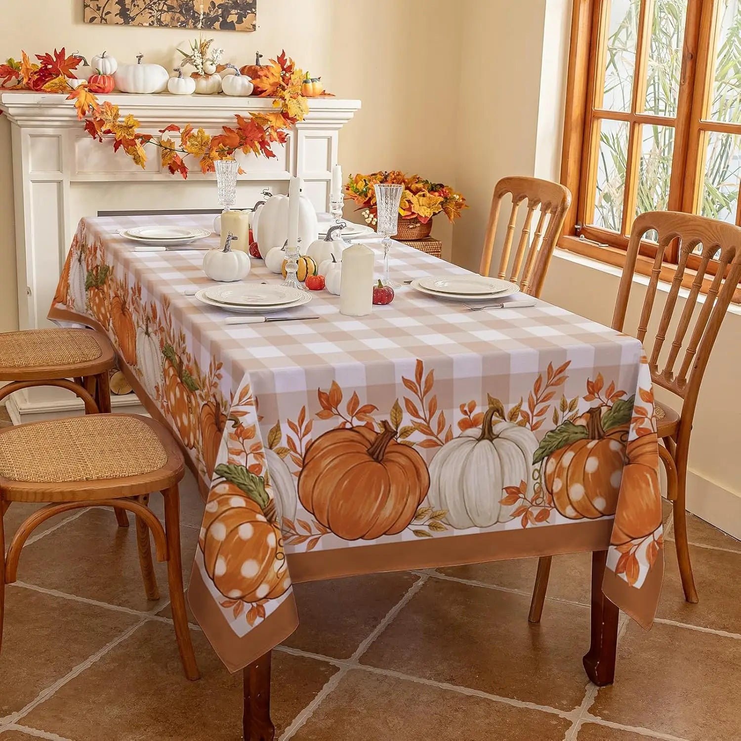 Thanksgiving Autumn Harvest Pumpkin Buffalo Plaid Tablecloth
