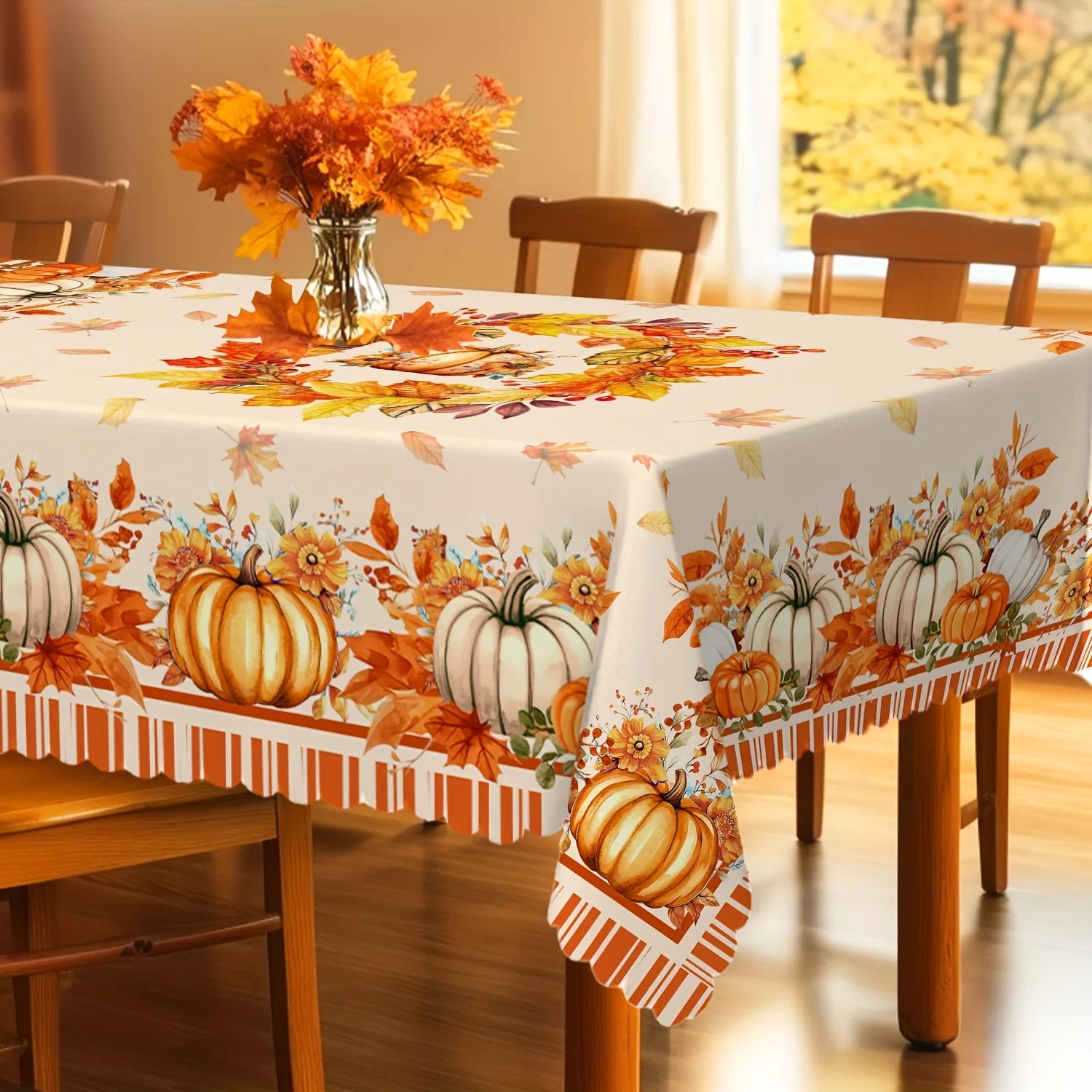 Fall Thanksgiving Pumpkin Maple Leaves Tablecloth