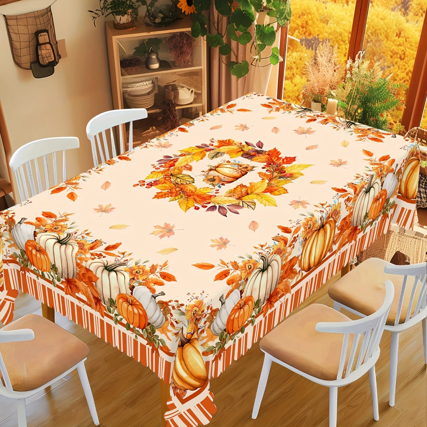 Fall Thanksgiving Pumpkin Maple Leaves Tablecloth