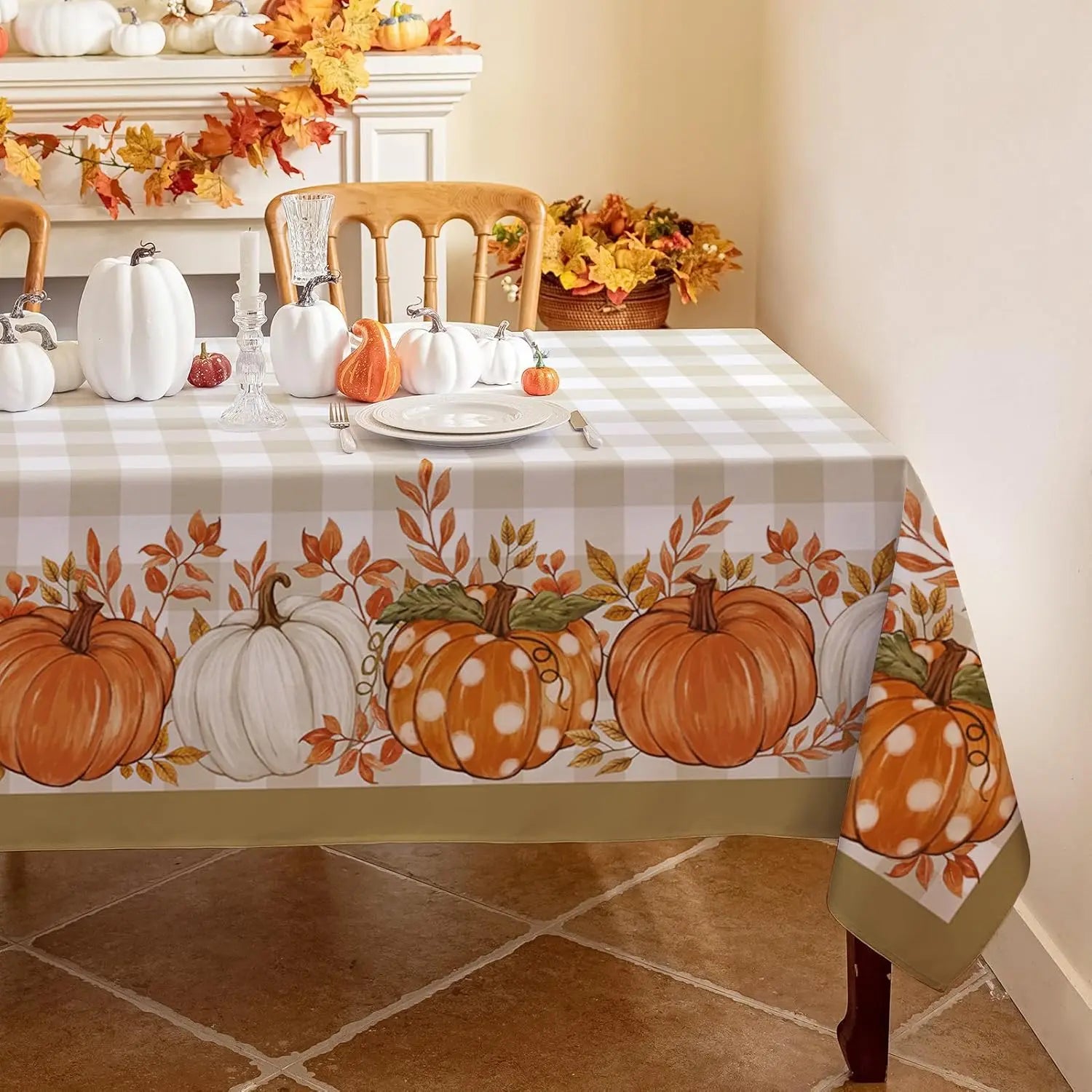 Thanksgiving Autumn Harvest Pumpkin Buffalo Plaid Tablecloth