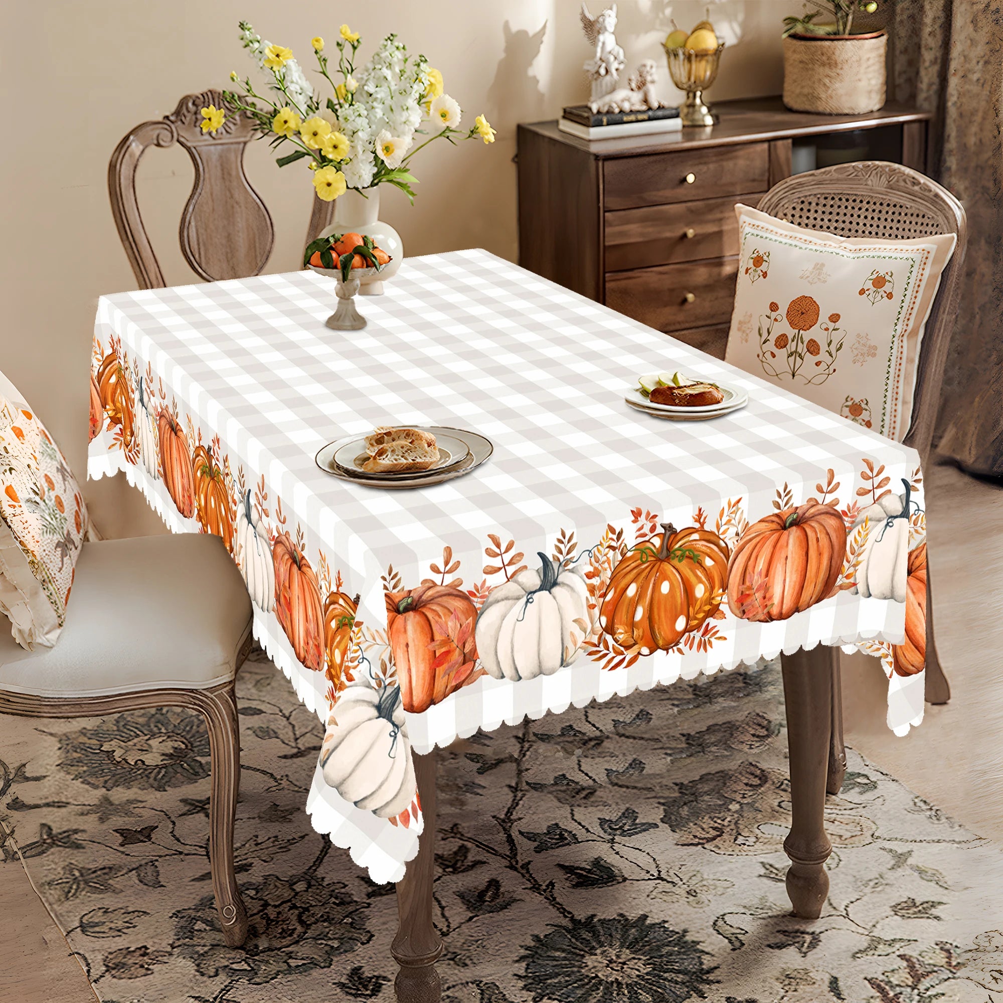 1 Piece of Thanksgiving Pumpkin Theme Round and Rectangular Printed Tablecloth