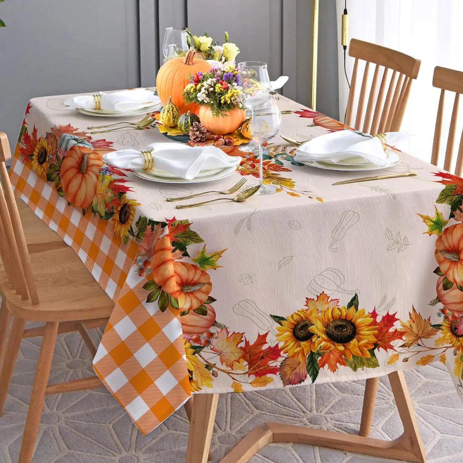 Thanksgiving Fall Pumpkins Plaid Tablecloth