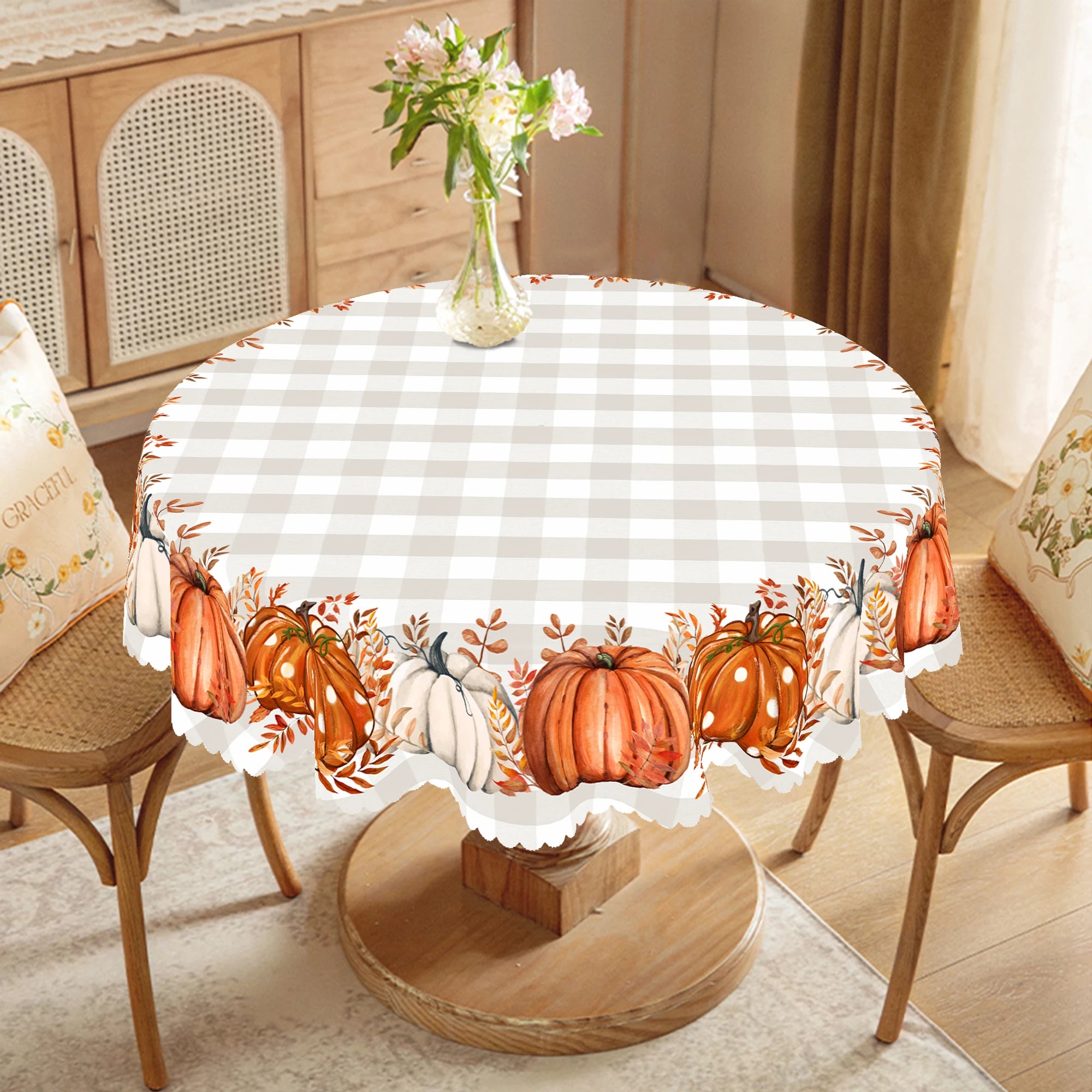 1 Piece of Thanksgiving Pumpkin Theme Round and Rectangular Printed Tablecloth