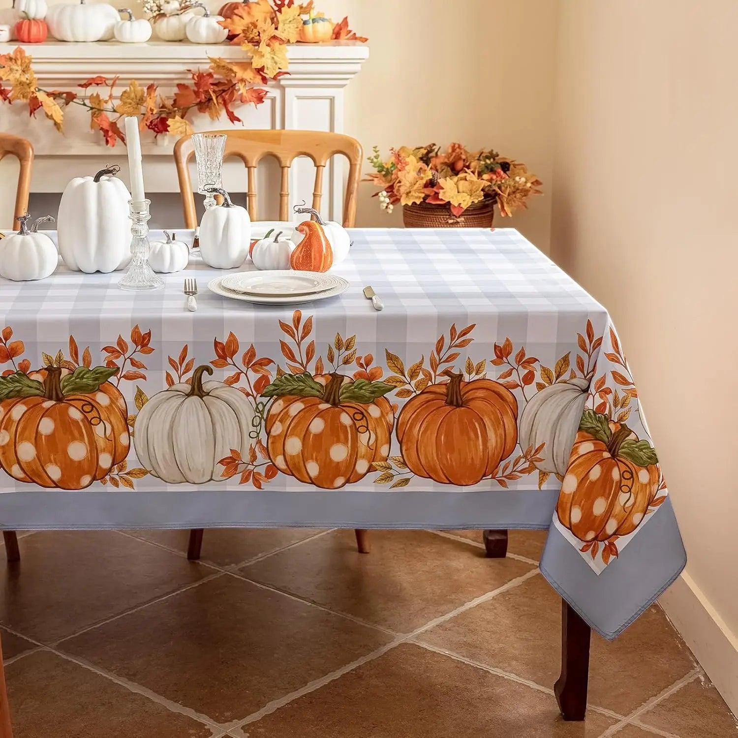 Thanksgiving Autumn Harvest Pumpkin Buffalo Plaid Tablecloth