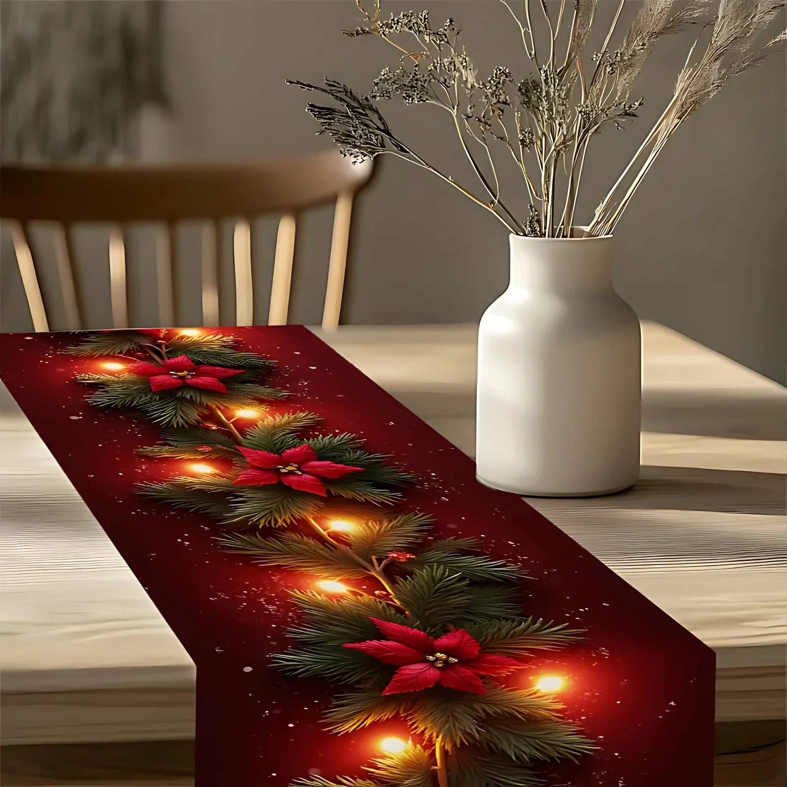 Luminous Christmas Flower Pine Branch Table Runner