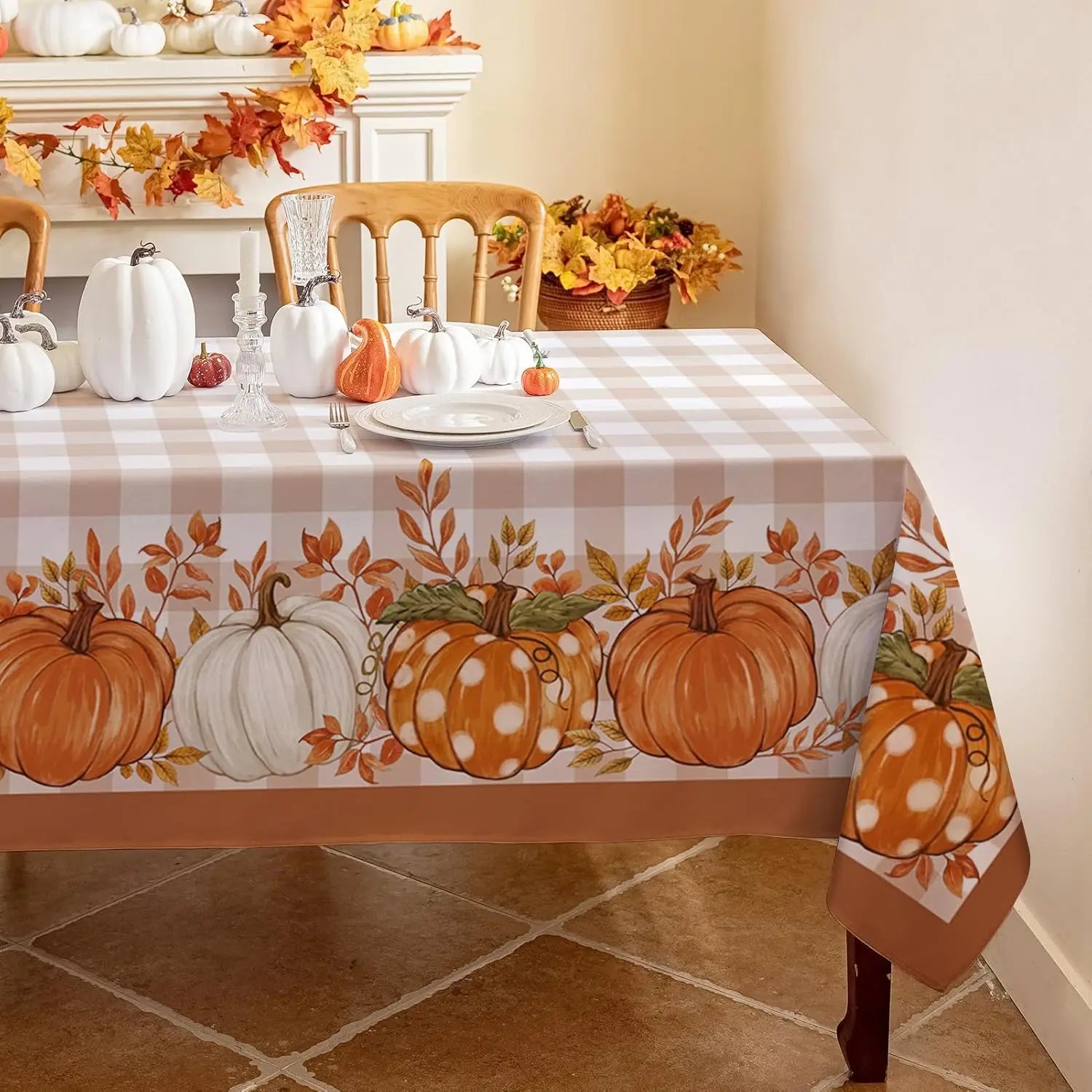 Thanksgiving Autumn Harvest Pumpkin Buffalo Plaid Tablecloth