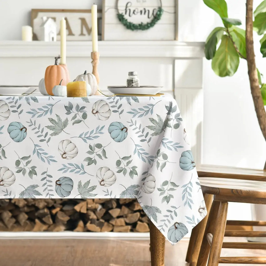 Fall Blue Pumpkins Leaves Waterproof Tablecloth