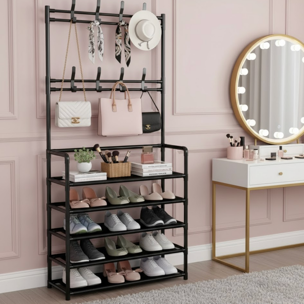 Modern Entryway Organizer Rack — Multi-Tier Shoe & Coat Storage Stand