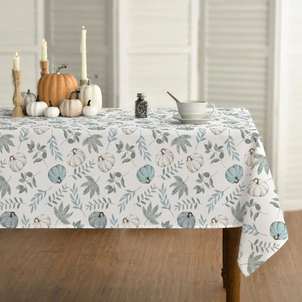Fall Blue Pumpkins Leaves Waterproof Tablecloth