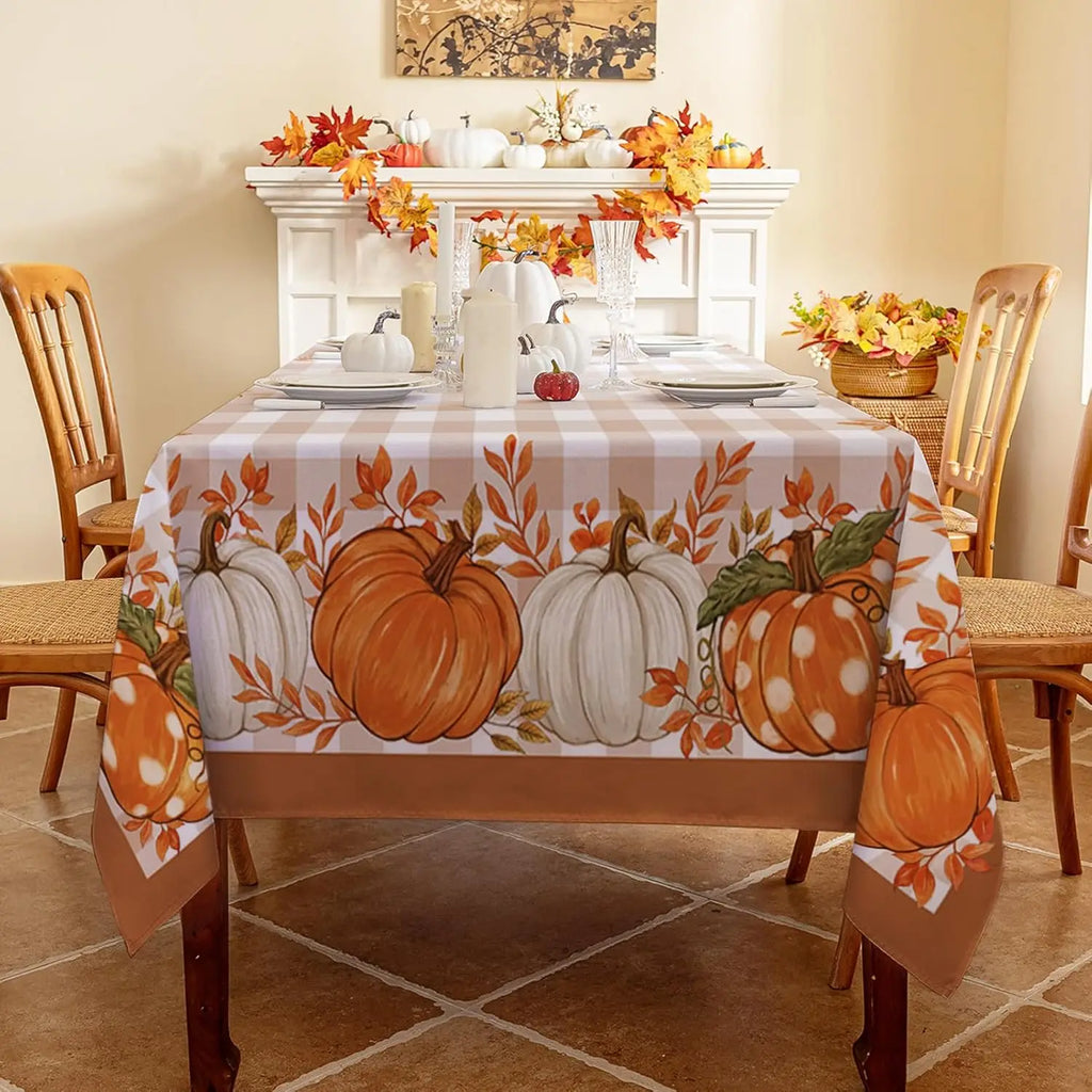 Thanksgiving Autumn Harvest Pumpkin Buffalo Plaid Tablecloth