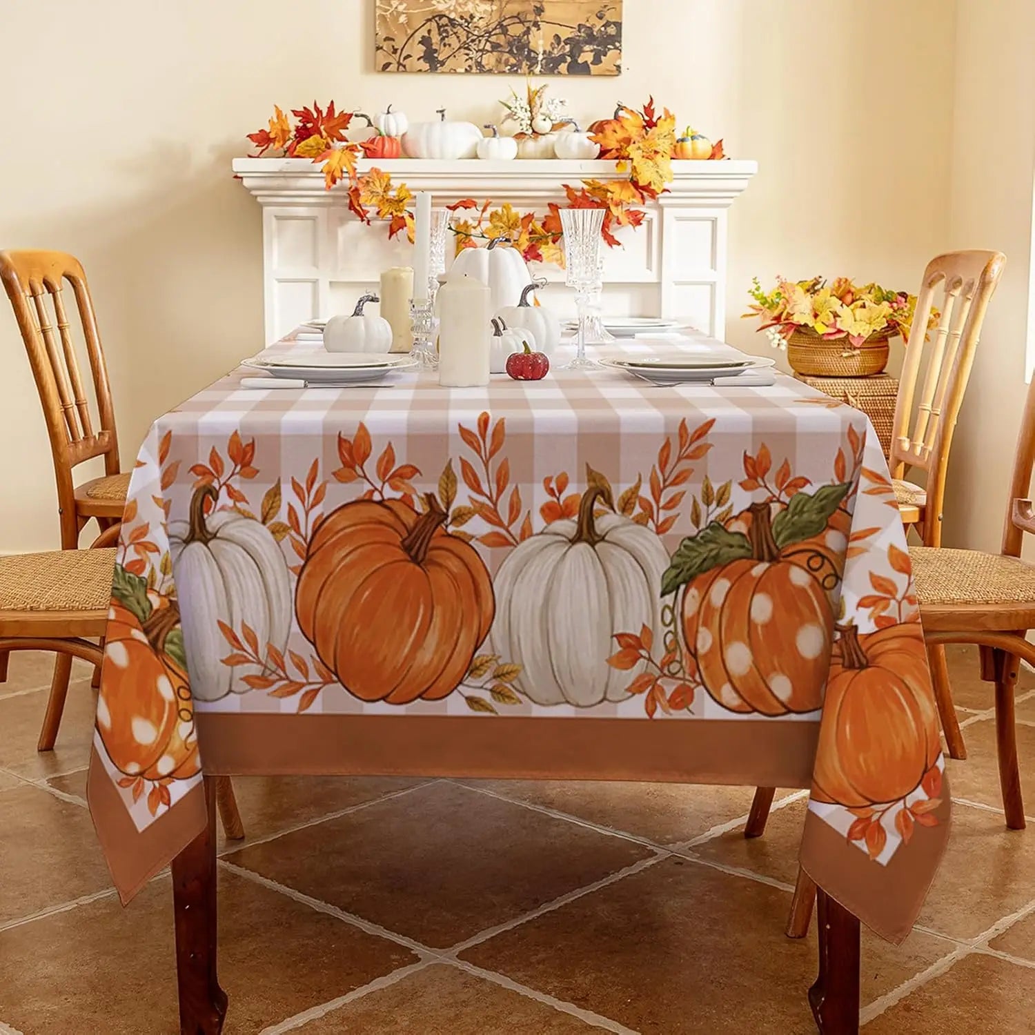 Thanksgiving Autumn Harvest Pumpkin Buffalo Plaid Tablecloth