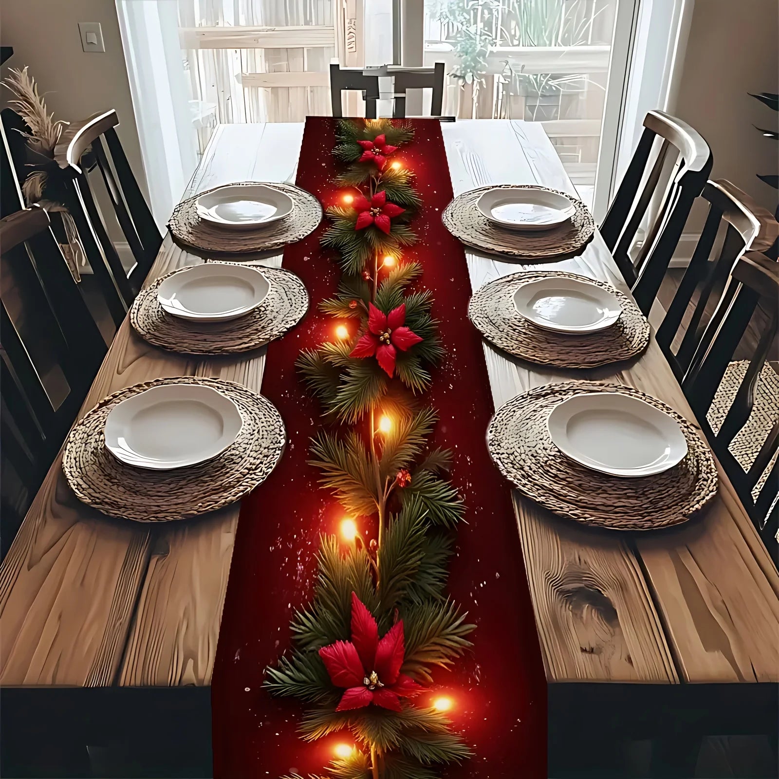 Luminous Christmas Flower Pine Branch Table Runner