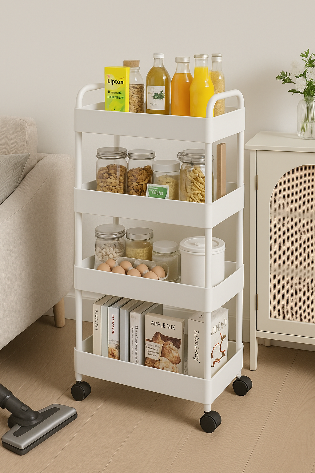 4-Tier Rolling Utility Cart – White Minimalist Organizer for Kitchen, Bathroom & Home
